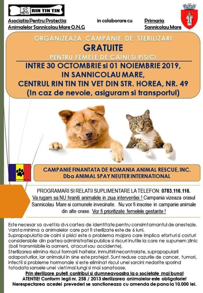 Sterilizări gratuite pentru câini și pisici cu stăpân în Sânnicolau Mare